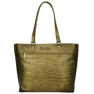 Gold-tone crocodile-embossed genuine leather Anuschka Large Zip Top Tote - 698 with a front zipper and top handles.