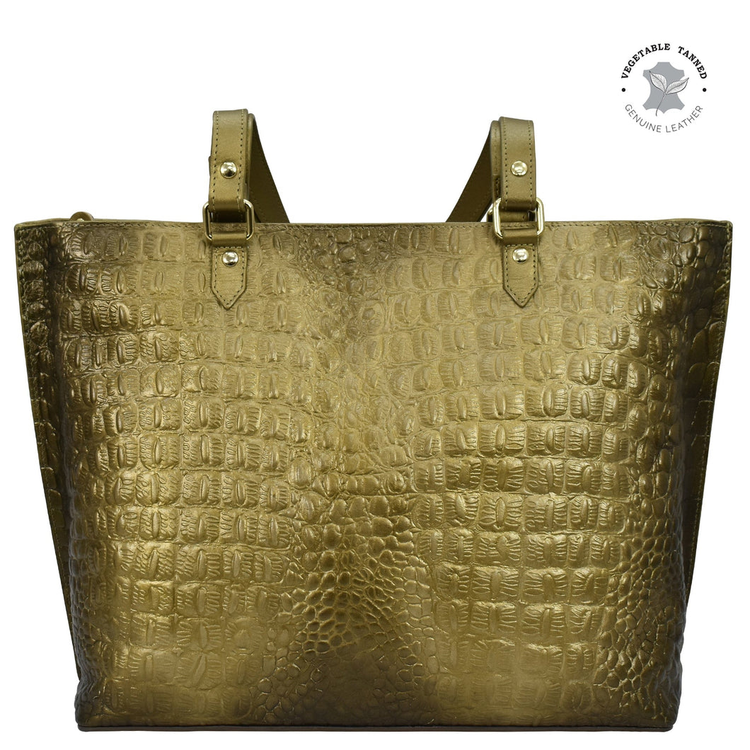Anuschka Large Zip Top Tote - 698 with gold-toned genuine leather and crocodile print shoulder straps.