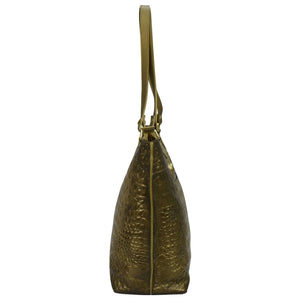 Olive green, textured genuine leather Anuschka Large Zip Top Tote - 698 with a single strap.