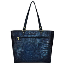Load image into Gallery viewer, Blue Anuschka Large Zip Top Tote - 698 with crocodile skin texture and gold-tone hardware.
