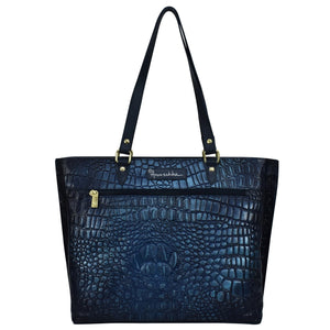 Blue Anuschka Large Zip Top Tote - 698 with crocodile skin texture and gold-tone hardware.