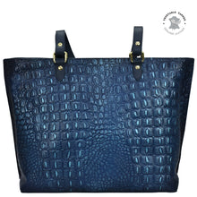 Load image into Gallery viewer, Blue Large Zip Top Tote - 698 with hand-painted artwork, crocodile pattern, and black straps by Anuschka.
