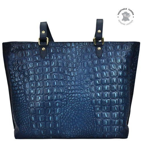 Blue Large Zip Top Tote - 698 with hand-painted artwork, crocodile pattern, and black straps by Anuschka.