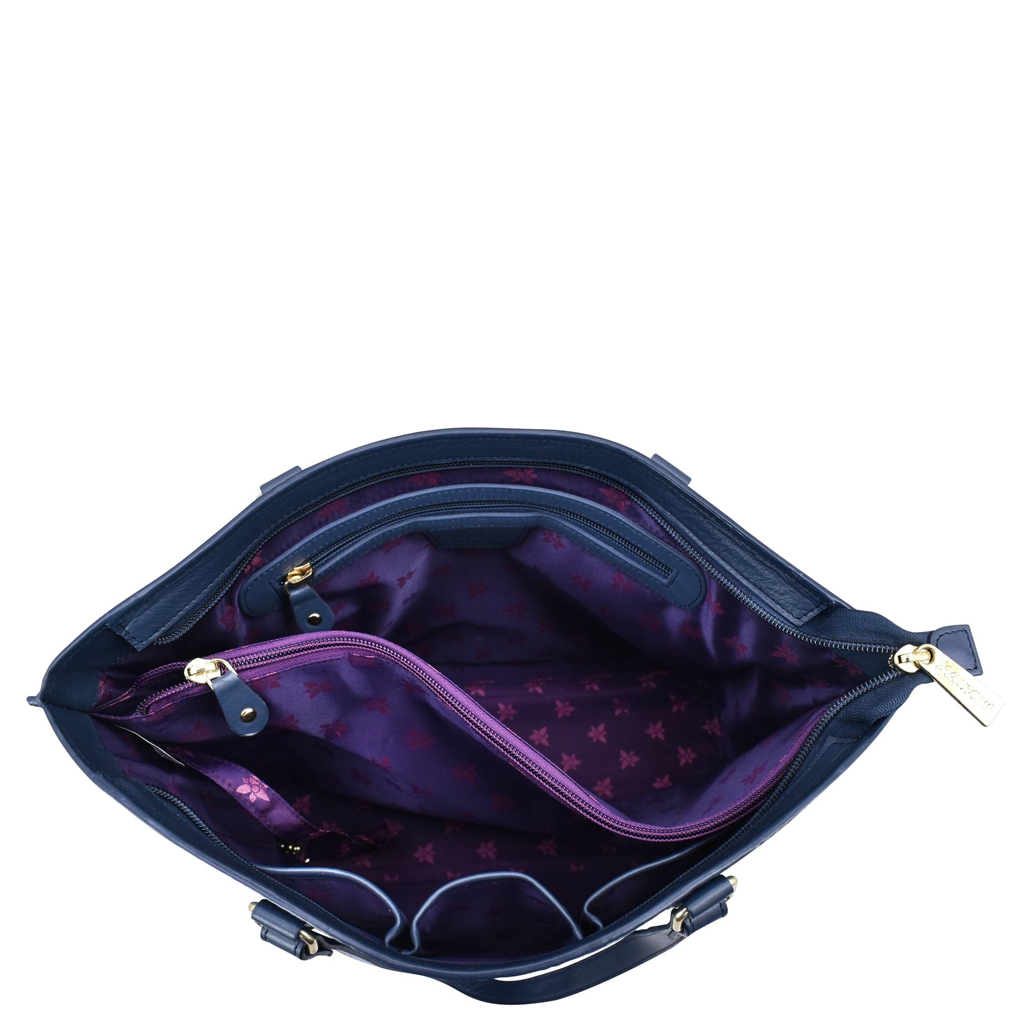 Open empty Anuschka Large Zip Top Tote - 698 with a purple star-patterned interior and gold-tone zippers, isolated on a white background. This genuine leather tote features hand-painted details that enhance its unique appeal.