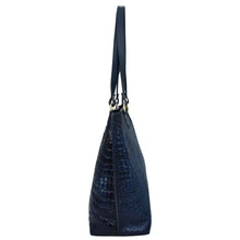 Load image into Gallery viewer, Navy blue genuine leather Large Zip Top Tote - 698 by Anuschka with crocodile texture, a shoulder strap, and gold-tone hardware.
