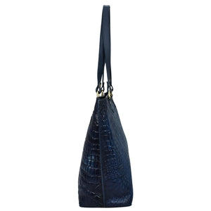 Navy blue genuine leather Large Zip Top Tote - 698 by Anuschka with crocodile texture, a shoulder strap, and gold-tone hardware.