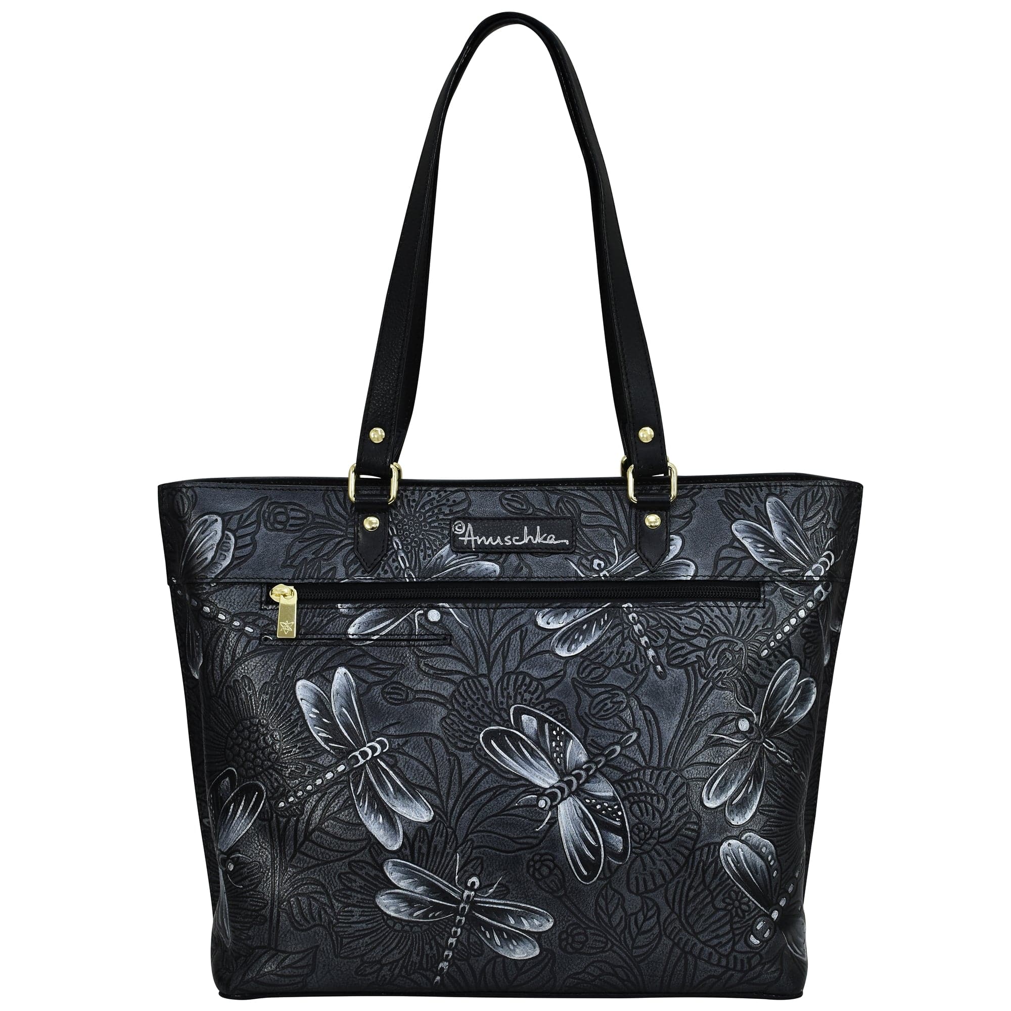 Black genuine leather Large Zip Top Tote - 698 with hand-painted floral and dragonfly pattern by Anuschka.