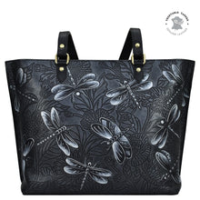 Load image into Gallery viewer, Anuschka&#39;s Large Zip Top Tote - 698 with floral and dragonfly embossing, featuring a zippered pocket.
