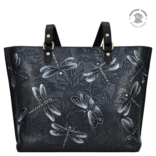 Anuschka's Large Zip Top Tote - 698 with floral and dragonfly embossing, featuring a zippered pocket.