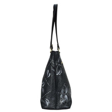 Load image into Gallery viewer, Black embossed genuine leather Large Zip Top Tote - 698 with floral pattern on a white background by Anuschka.
