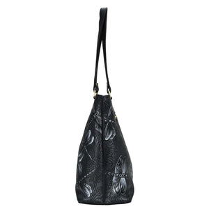 Black embossed genuine leather Large Zip Top Tote - 698 with floral pattern on a white background by Anuschka.