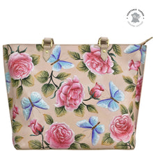 Load image into Gallery viewer, Hand-painted floral and butterfly print Anuschka Large Zip Top Tote - 698 with gold-tone hardware.
