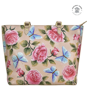 Hand-painted floral and butterfly print Anuschka Large Zip Top Tote - 698 with gold-tone hardware.
