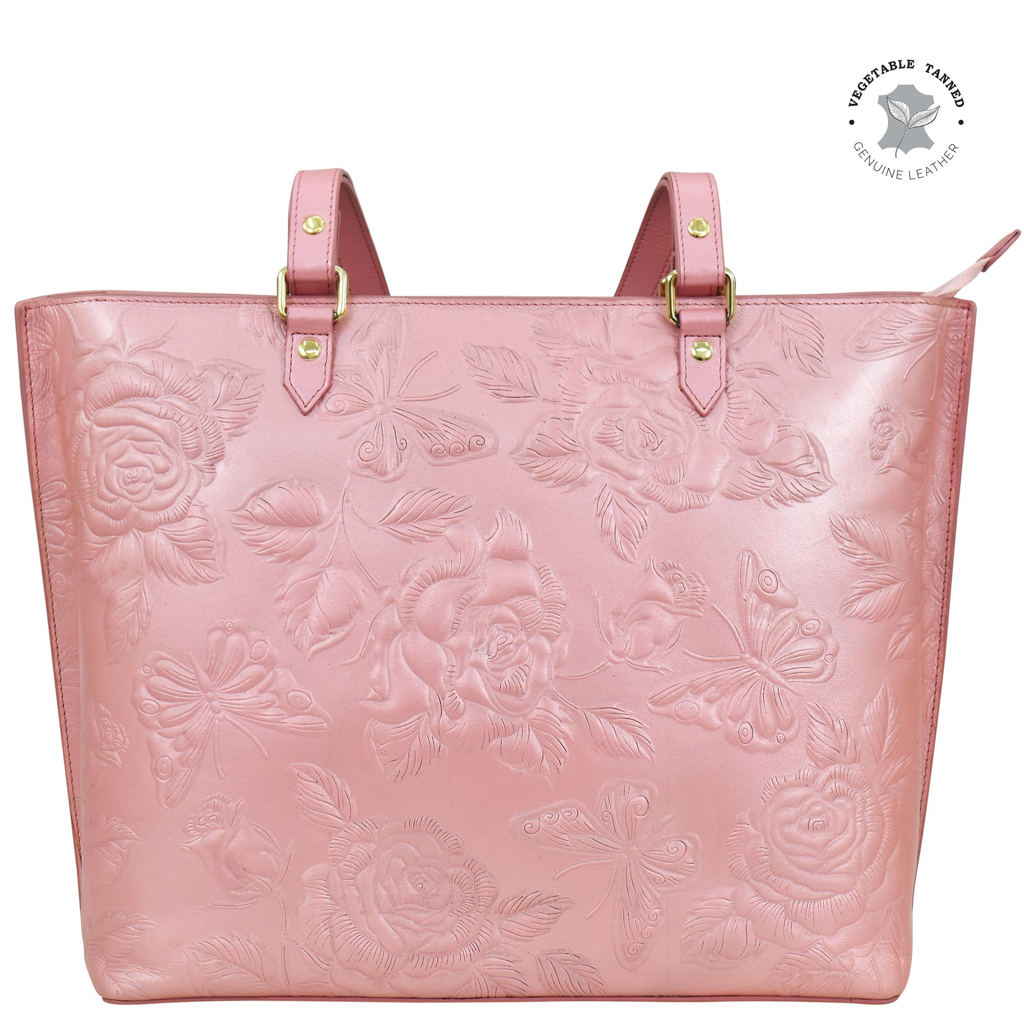 Anuschka Large Zip Top Tote - 698 with floral embossing and a zippered pocket.