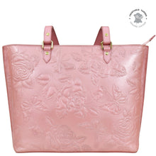 Load image into Gallery viewer, Anuschka Large Zip Top Tote - 698 with floral embossing and a zippered pocket.

