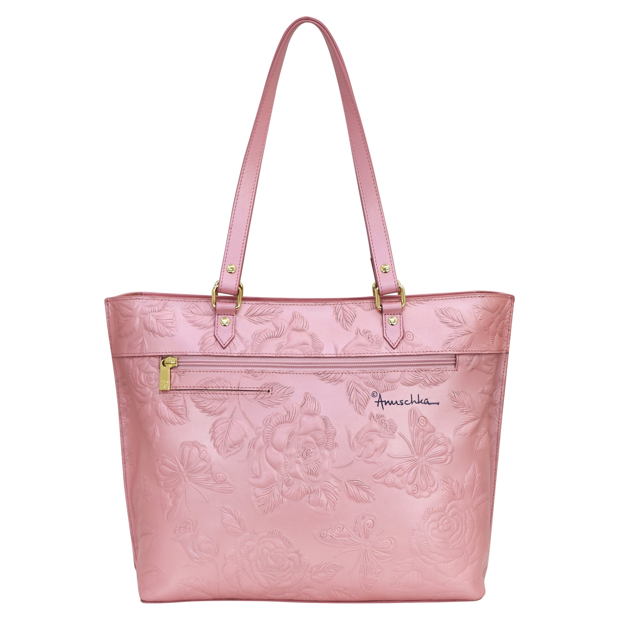 Pink leather Large Zip Top Tote - 698 with floral embossing and gold-tone hardware by Anuschka.