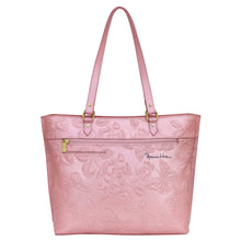 Load image into Gallery viewer, Pink leather Large Zip Top Tote - 698 with floral embossing and gold-tone hardware by Anuschka.
