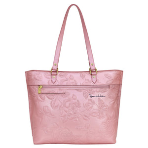 Pink leather Large Zip Top Tote - 698 with floral embossing and gold-tone hardware by Anuschka.