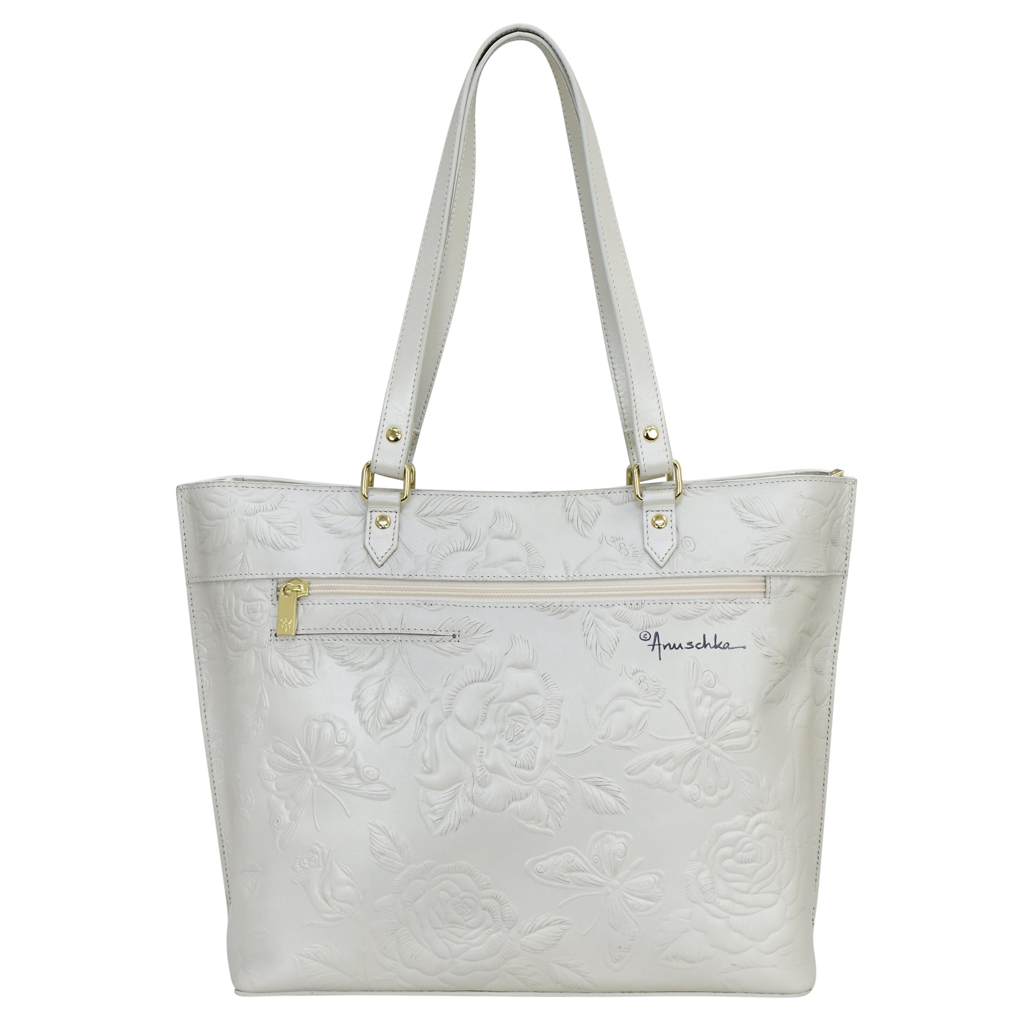 White floral-embossed leather Large Zip Top Tote - 698 with shoulder straps and front zippered pocket by Anuschka.