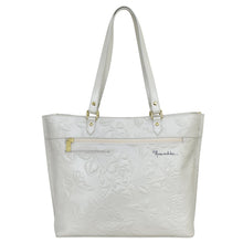 Load image into Gallery viewer, White floral-embossed leather Large Zip Top Tote - 698 with shoulder straps and front zippered pocket by Anuschka.
