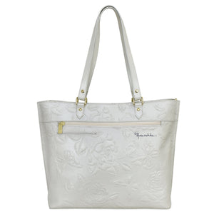 White floral-embossed leather Large Zip Top Tote - 698 with shoulder straps and front zippered pocket by Anuschka.