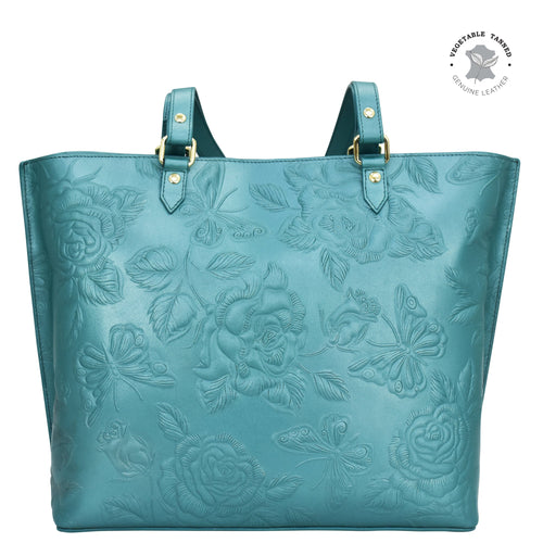 Anuschka Large Zip Top Tote - 698 with floral embossing and a zippered pocket.