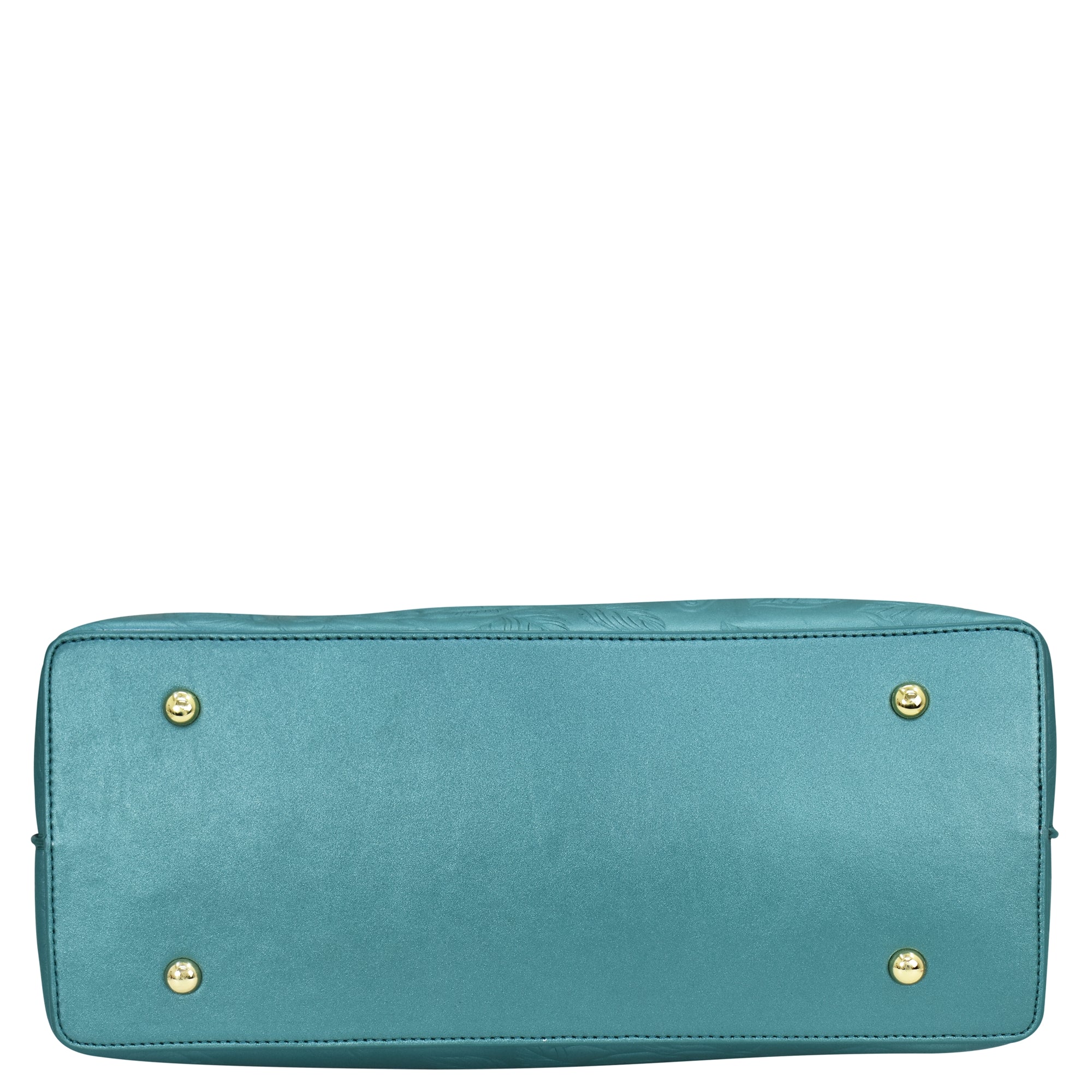 The image shows the bottom view of an Anuschka Large Zip Top Tote - 698, a hand-painted, teal-colored handbag with four gold-colored metal studs.