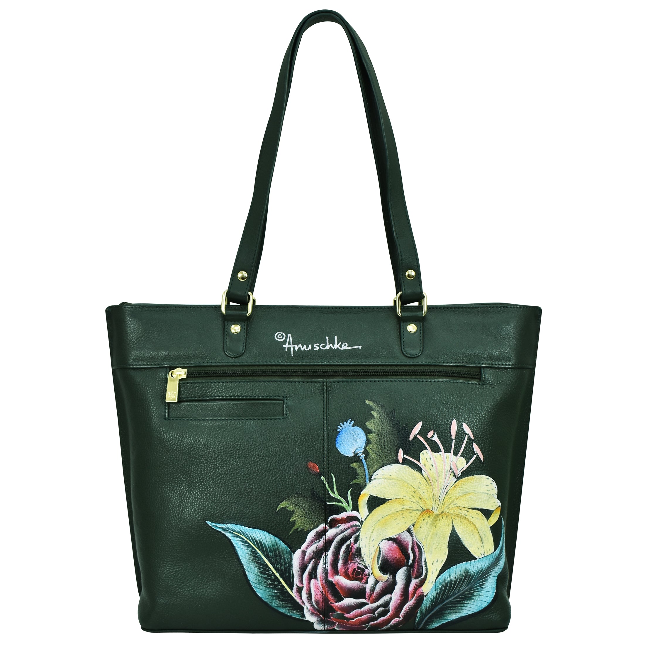 A dark green genuine leather tote with floral designs, featuring a hand painted yellow lily and a pink flower. The roomy bag has a zippered pocket and the brand name "Anuschka" on the front. This is the Large Zip Top Tote - 698 by Anuschka.