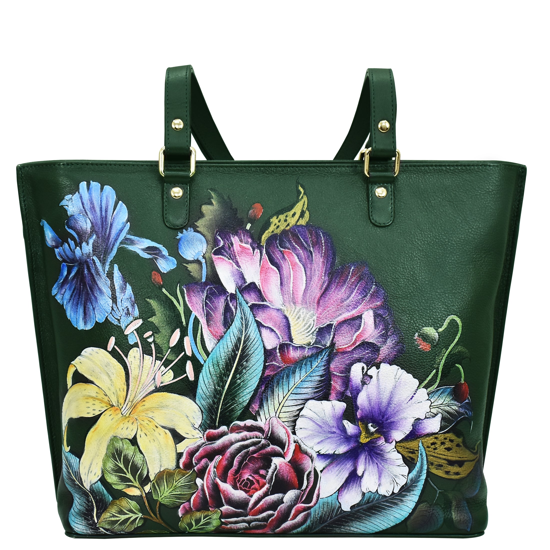 A dark green genuine leather tote with two straps, featuring hand-painted artwork of large, colorful flowers in purple, pink, yellow, and blue hues by Anuschka.