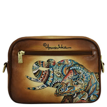 Load image into Gallery viewer, Leather purse featuring a colorful elephant design with intricate patterns and an adjustable strap, such as the Anuschka Twin Top Messenger - 704.
