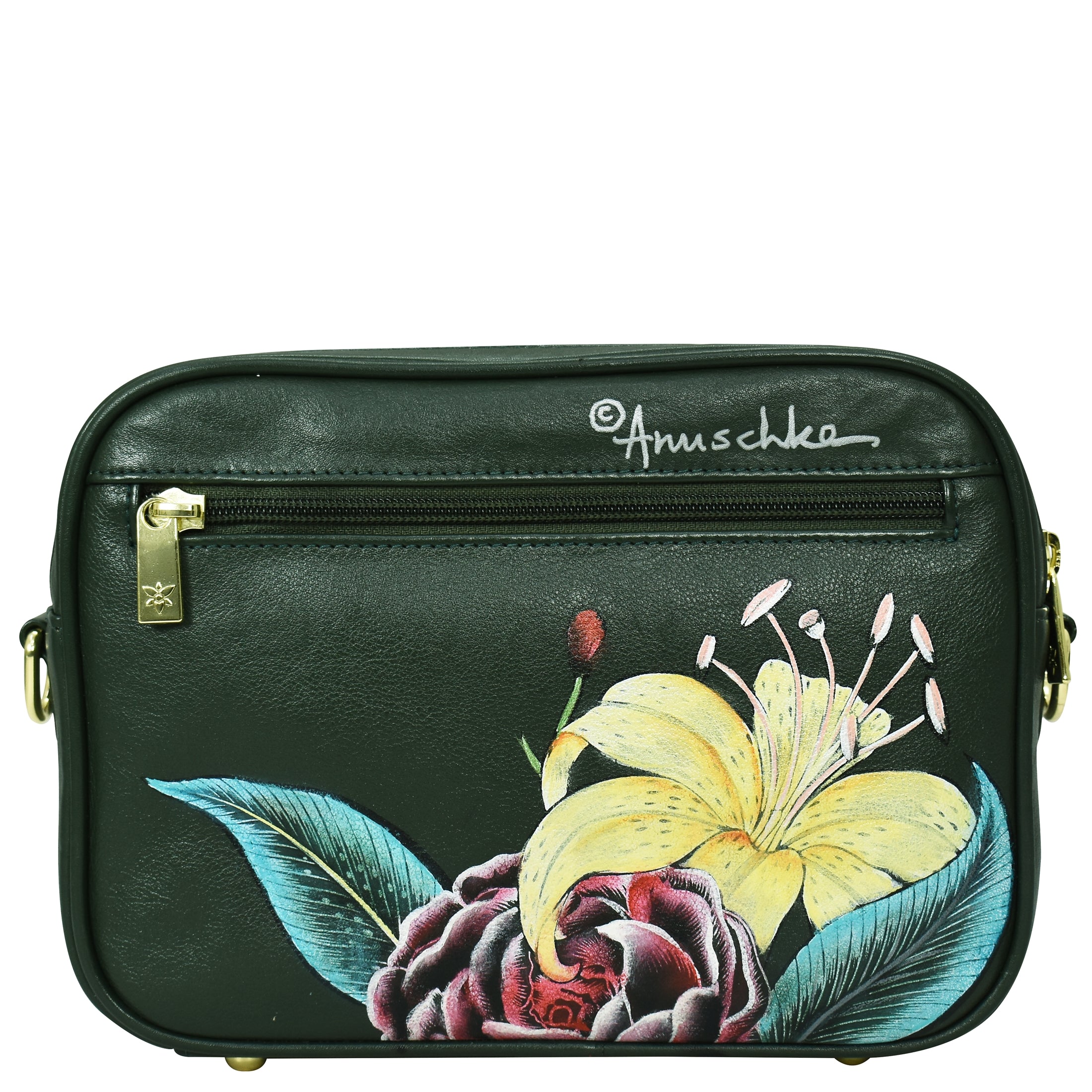 A small black leather Twin Top Messenger - 704 with a zippered pocket and a floral painting on the front, showcasing a yellow lily and a red rose with leaves. The structured purse features an RFID-protected card case, and the brand name Anuschka is inscribed near the top right corner.