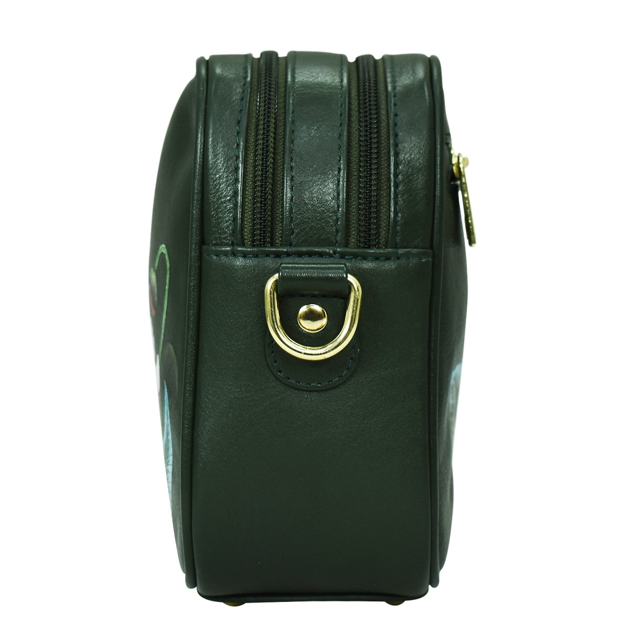 Side view of a dark green structured Anuschka Twin Top Messenger - 704 with a gold-tone D-ring, two zippered compartments, and a removable adjustable strap.