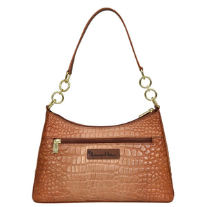 Brown genuine leather crocodile skin texture handbag with a single strap and gold-tone hardware - Anuschka Hobo With Chain Strap - 707.