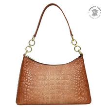 Load image into Gallery viewer, Brown genuine leather Anuschka hobo with chain strap - 707, with crocodile pattern and gold-tone hardware.

