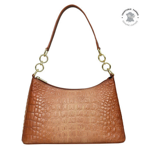 Brown genuine leather Anuschka hobo with chain strap - 707, with crocodile pattern and gold-tone hardware.
