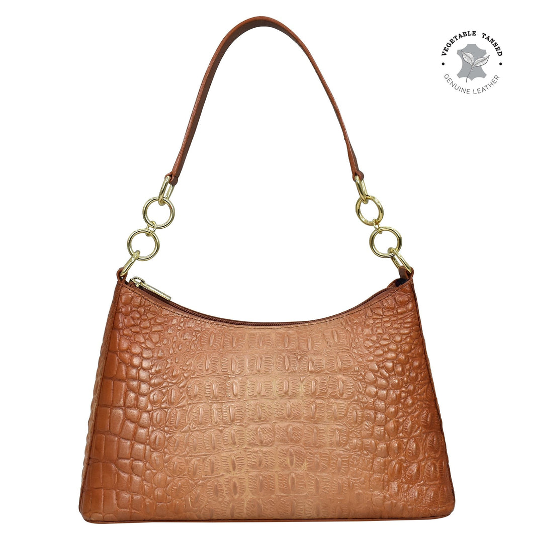 Brown genuine leather Anuschka hobo with chain strap - 707, with crocodile pattern and gold-tone hardware.
