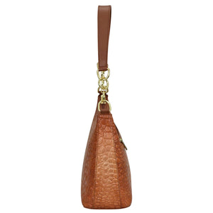 Brown genuine leather wristlet with crocodile pattern and gold-tone hardware by Anuschka, such as the Hobo With Chain Strap - 707.