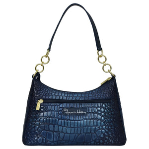 Navy blue genuine leather crocodile pattern Anuschka handbag with gold-tone hardware featuring the Hobo With Chain Strap - 707.