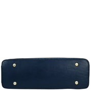 Bottom view of a navy blue Anuschka genuine leather hobo with chain strap - 707 with metallic studs and a chain detail shoulder strap on a white background.