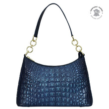 Load image into Gallery viewer, Blue leather Anuschka hobo bag crafted with crocodile texture and gold-tone hardware, featuring a chain detail shoulder strap.
