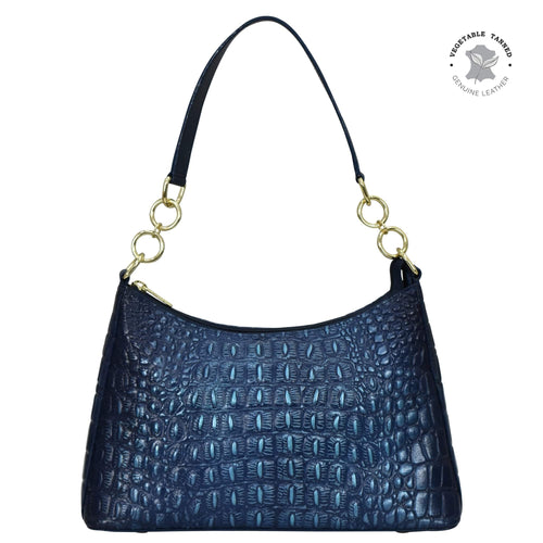 Blue leather Anuschka hobo bag crafted with crocodile texture and gold-tone hardware, featuring a chain detail shoulder strap.