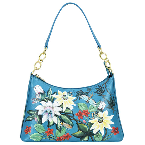 Blue floral leather Anuschka hobo bag with a chain strap and gold-tone hardware.