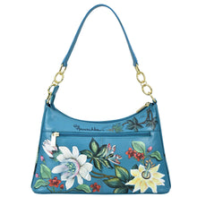 Load image into Gallery viewer, A blue Anuschka Hobo With Chain Strap - 707 hand-painted genuine leather shoulder bag with floral design.
