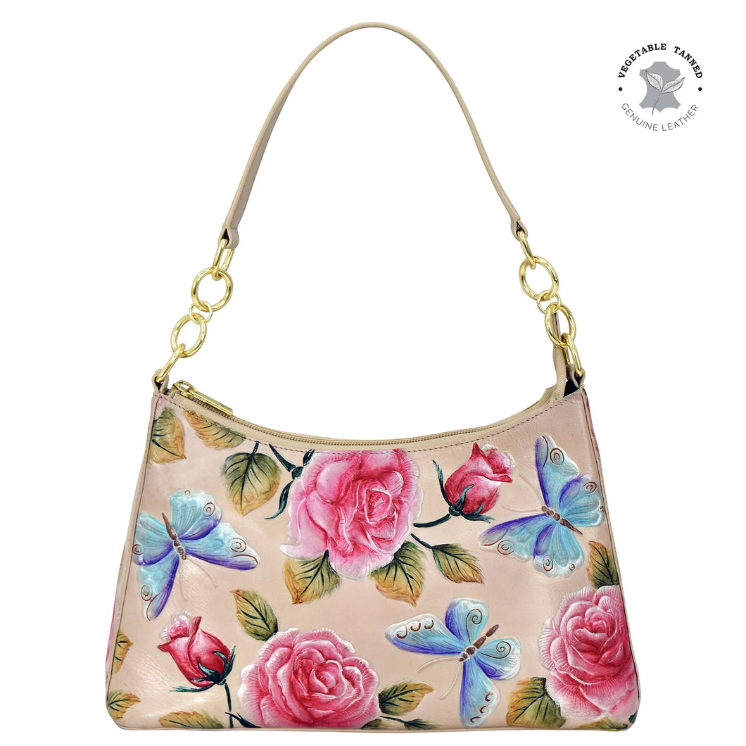 Floral-patterned Anuschka genuine leather handbag with Hobo With Chain Strap - 707 detail shoulder strap.