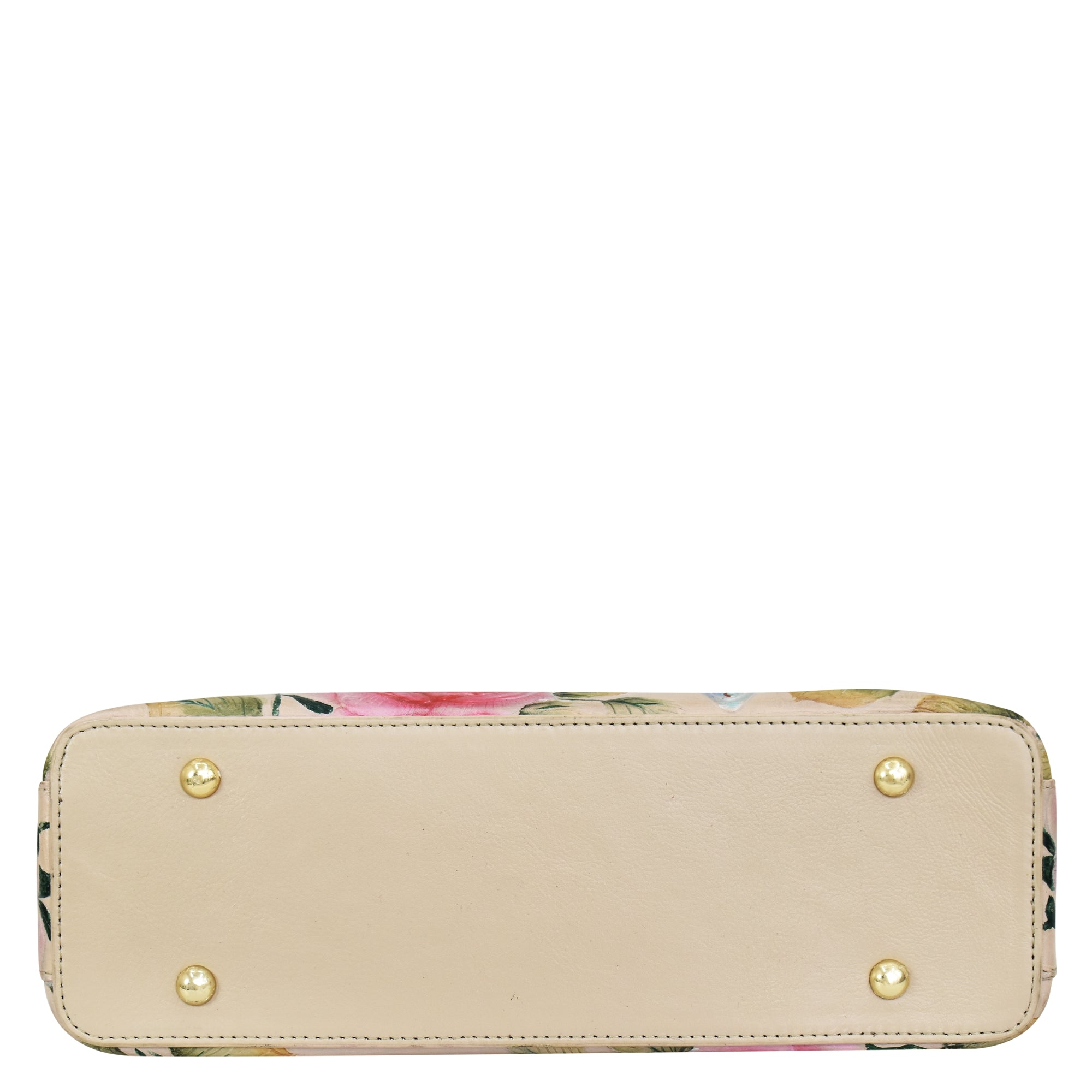 Floral-patterned clutch wallet with beige background, gold-tone stud accents, and a shoulder strap - Anuschka Hobo With Chain Strap - 707.