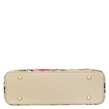 Load image into Gallery viewer, Floral-patterned clutch wallet with beige background, gold-tone stud accents, and a shoulder strap - Anuschka Hobo With Chain Strap - 707.
