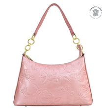 Load image into Gallery viewer, A pink genuine leather exterior Anuschka shoulder bag with floral embossing and gold-tone hardware, the Hobo With Chain Strap - 707.
