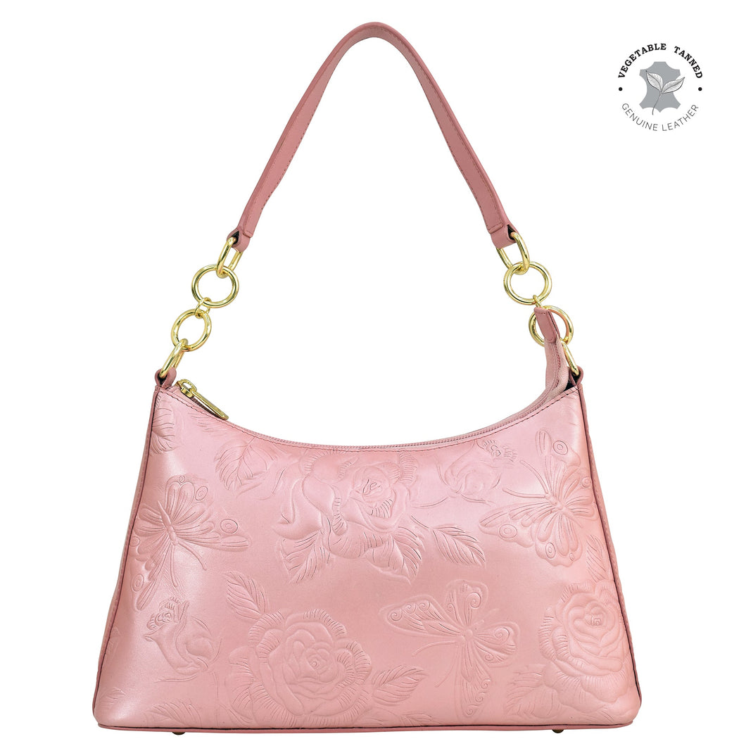 A pink genuine leather exterior Anuschka shoulder bag with floral embossing and gold-tone hardware, the Hobo With Chain Strap - 707.