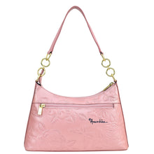 Load image into Gallery viewer, Pink Anuschka Hobo With Chain Strap - 707 shoulder bag with floral embossing and gold-tone hardware.
