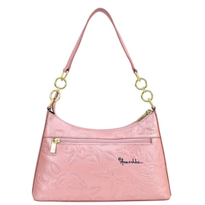 Pink Anuschka Hobo With Chain Strap - 707 shoulder bag with floral embossing and gold-tone hardware.